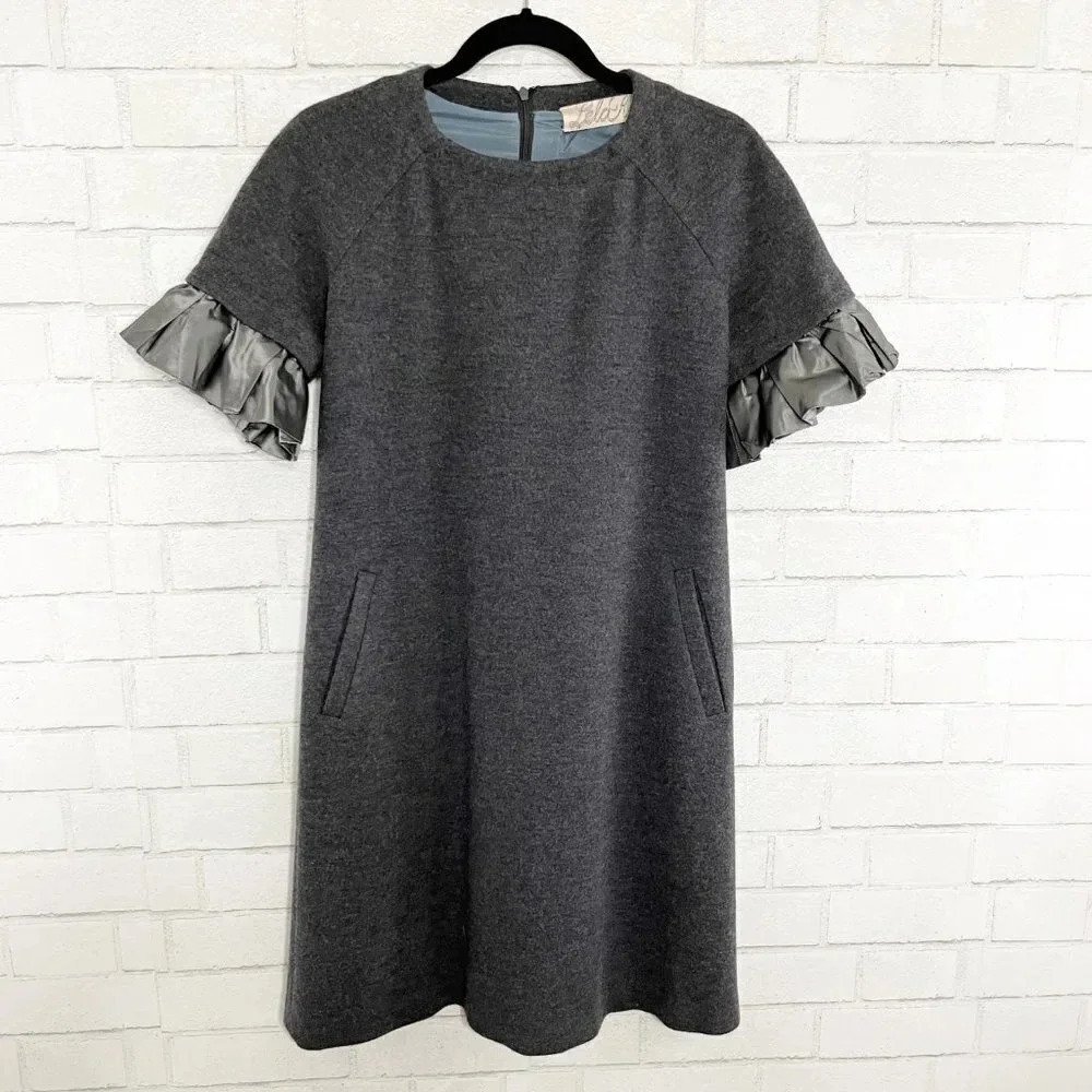 Lela Rose Charcoal Gray 100% Wool Ruffle Puffed Sleeve Shift Dress Size 6